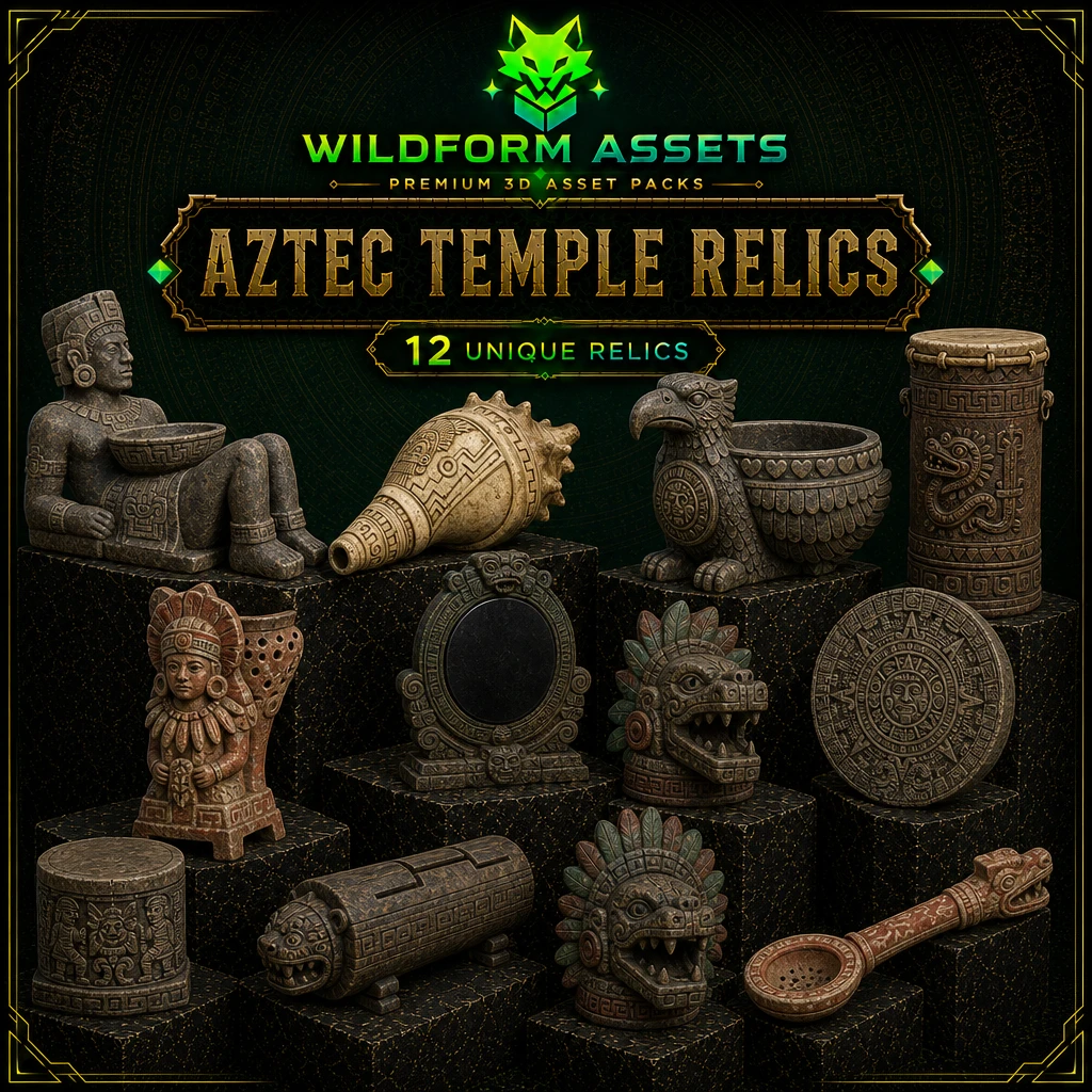 Wildform Assets Aztec Temple Relics preview with twelve Mesoamerican temple props