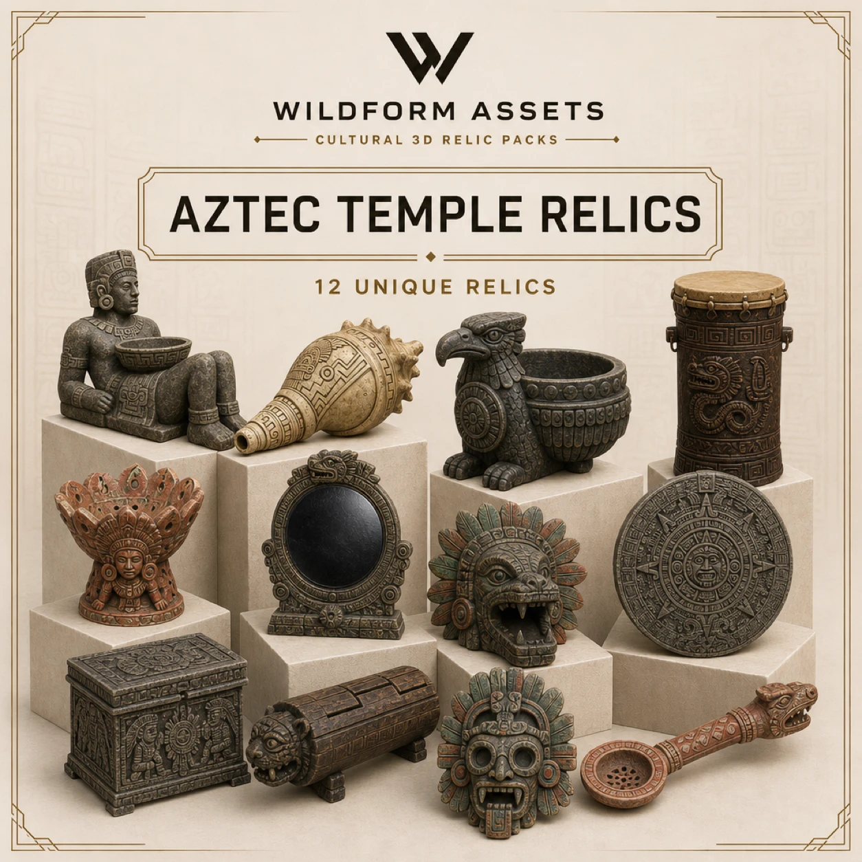 Wildform Assets Aztec Temple Relics preview with twelve Mesoamerican temple props