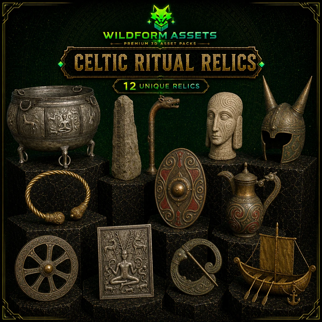 Wildform Assets Celtic Ritual Relics preview with twelve Iron Age La Tène props