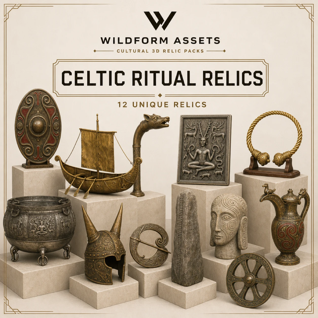 Wildform Assets Celtic Ritual Relics preview with twelve Iron Age La Tène props