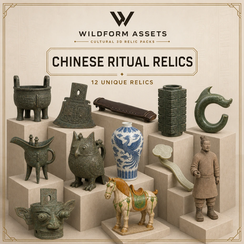 Wildform Assets Chinese Ritual Relics preview with twelve Chinese tomb, temple, and court props