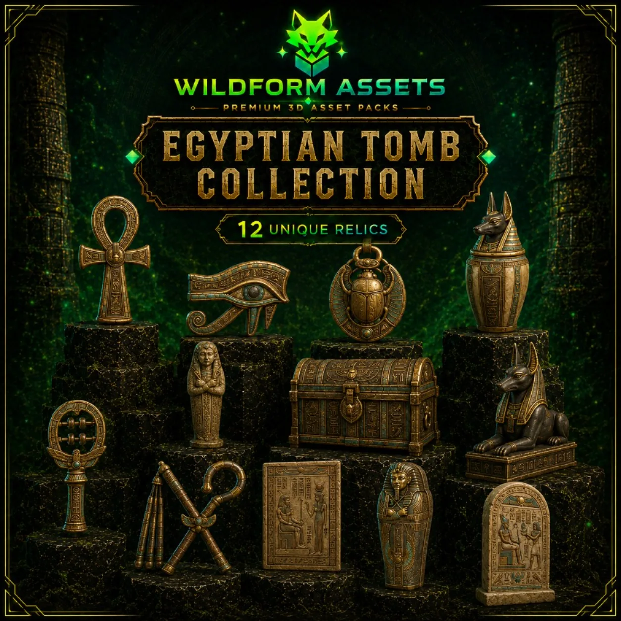 Wildform Assets Egyptian Tomb Relics preview with twelve ancient Egyptian props