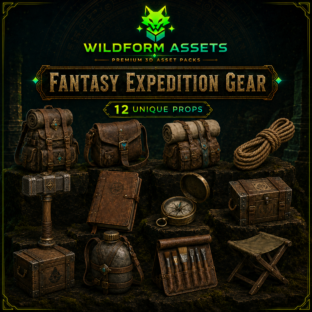 Wildform Assets Fantasy Expedition Gear preview with twelve adventure equipment props