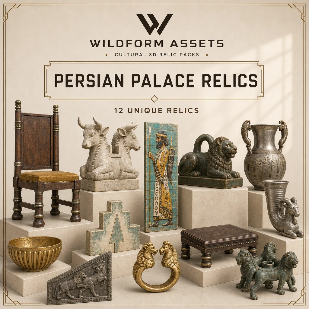 Persian palace relics with carved stone, glazed brick, and metalwork.