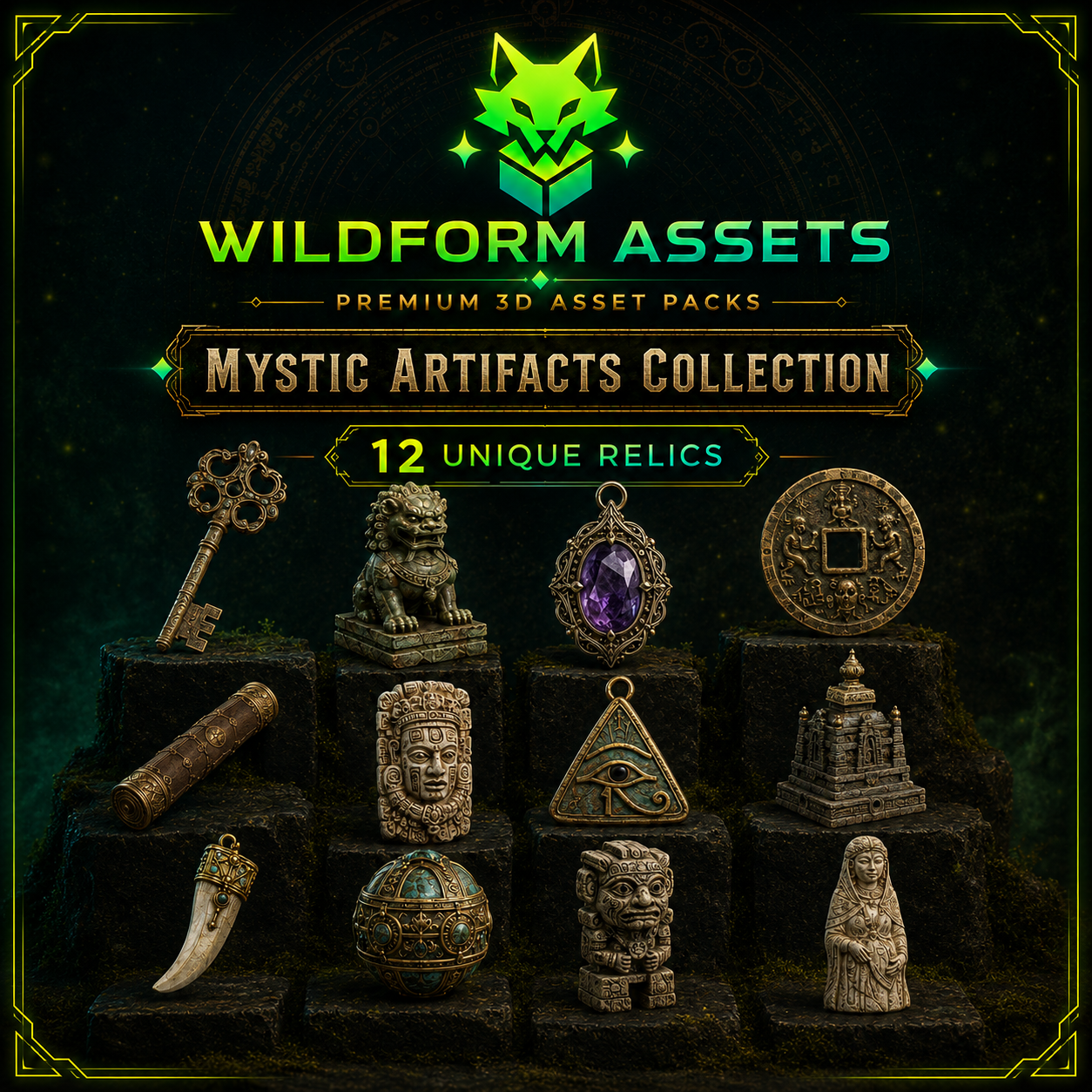 Wildform Assets Mystic Artifacts Collection preview with twelve glowing fantasy relics