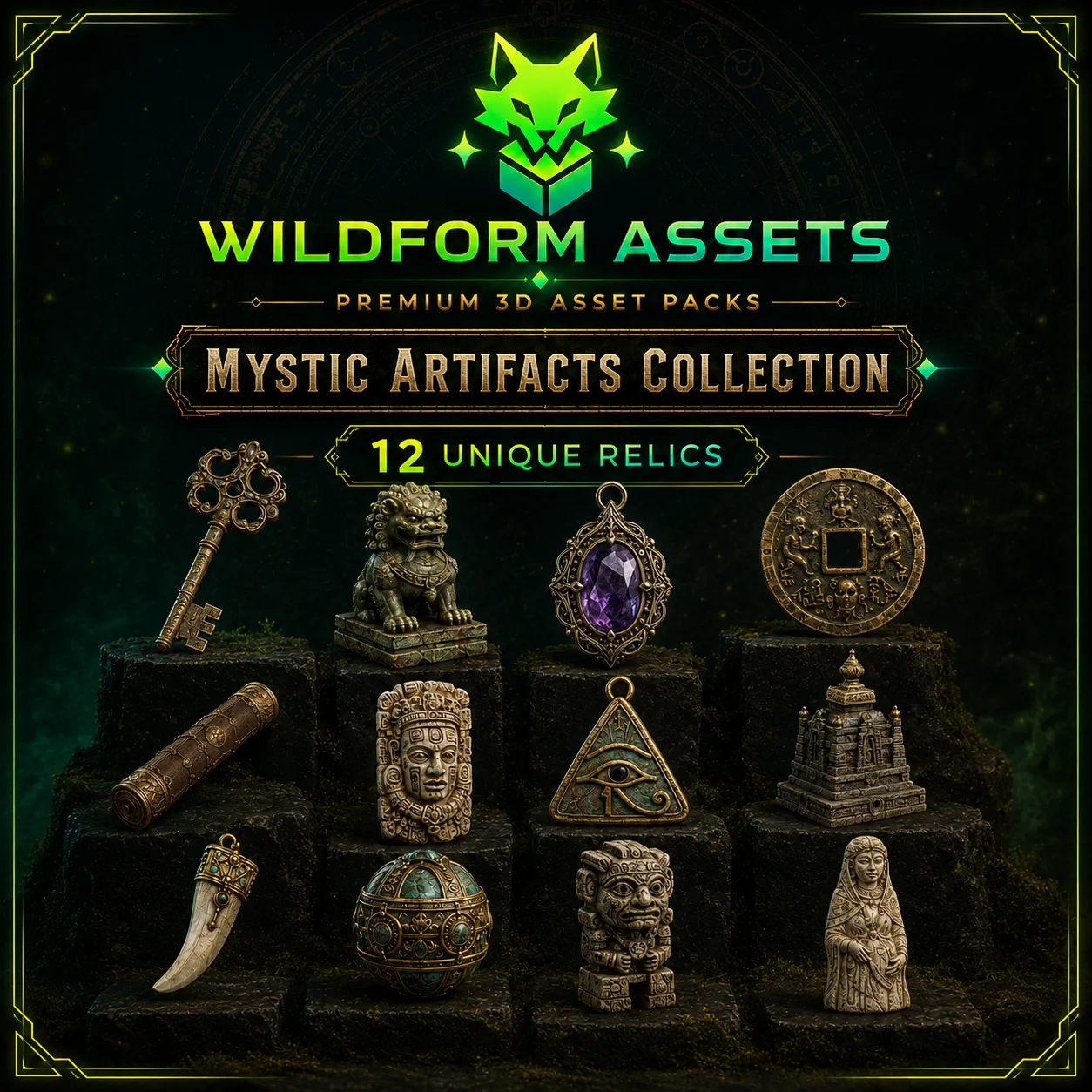 Wildform Assets Mystic Artifacts Collection preview with twelve glowing fantasy relics