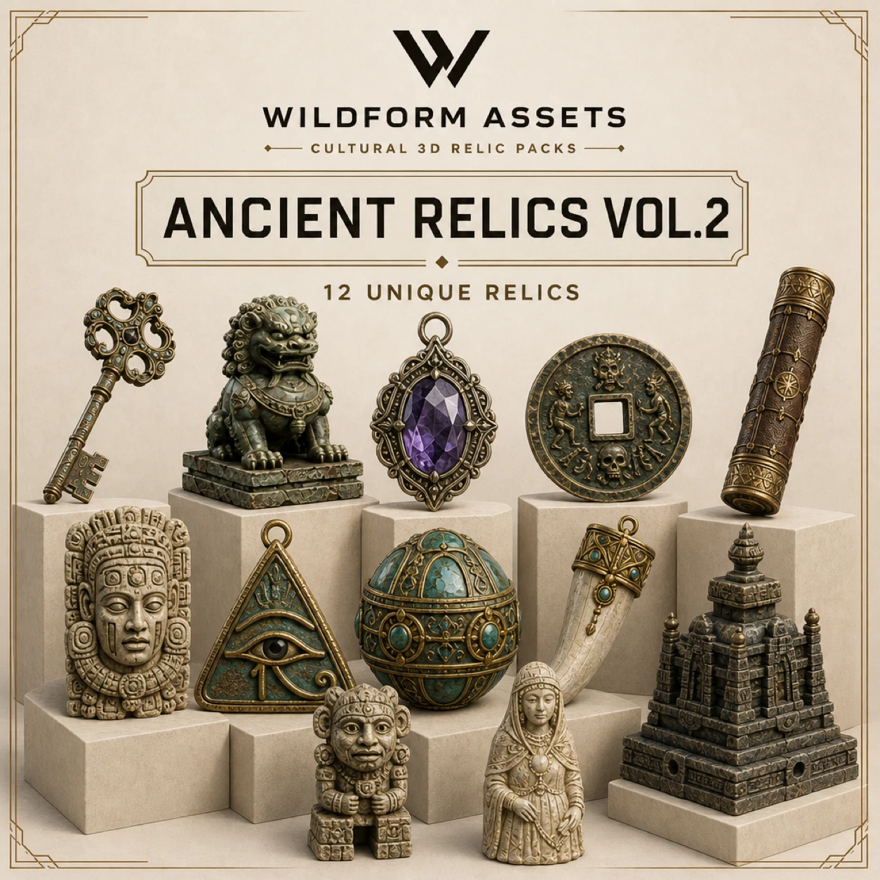 Wildform Assets Mystic Artifacts Collection preview with twelve glowing fantasy relics