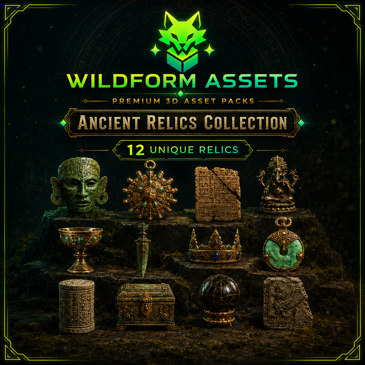 Wildform Assets fantasy relic pack preview with glowing ancient props