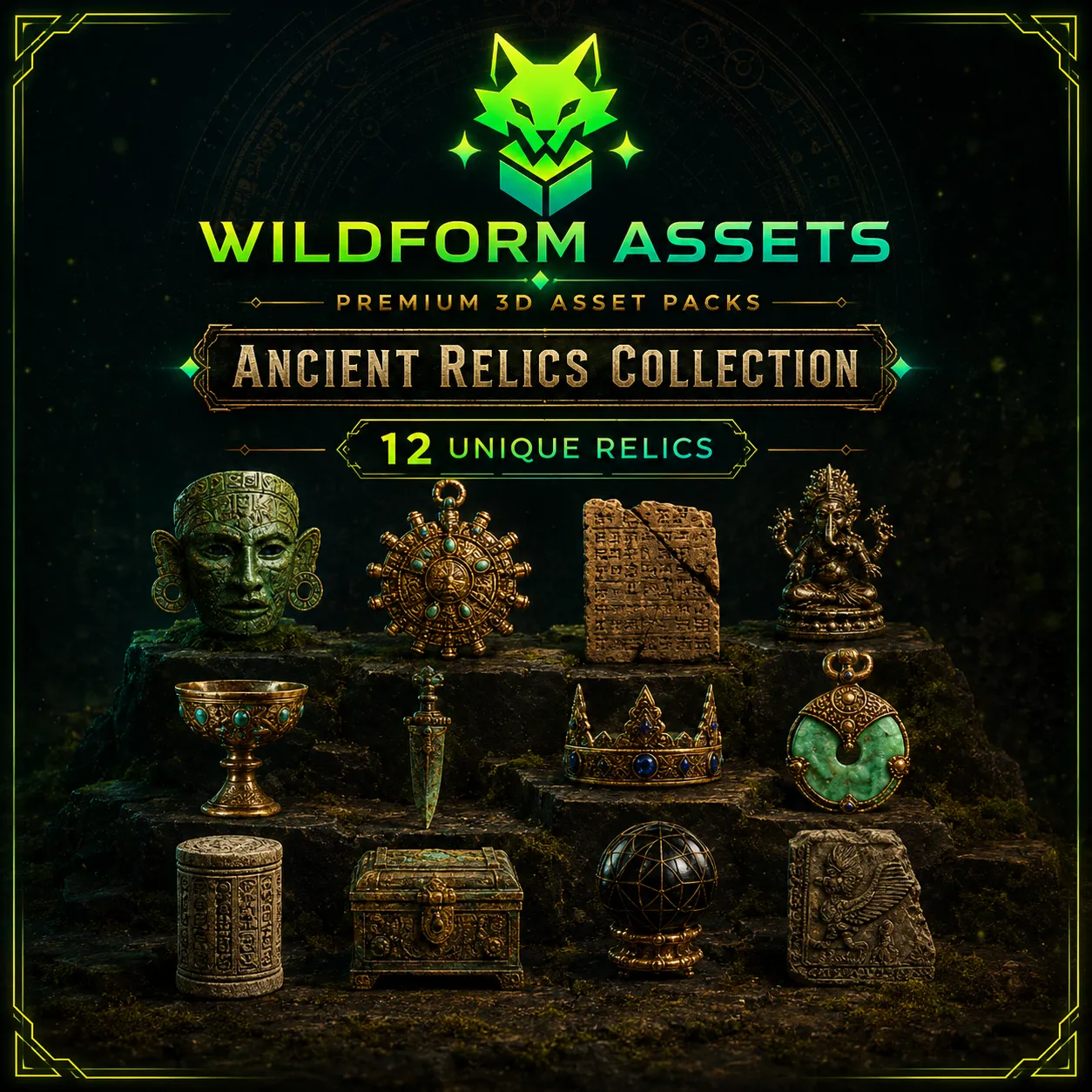Wildform Assets fantasy relic pack preview with glowing ancient props