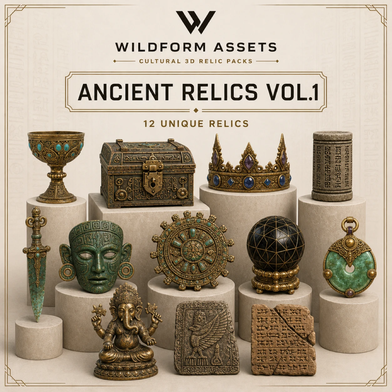 Wildform Assets fantasy relic pack preview with glowing ancient props