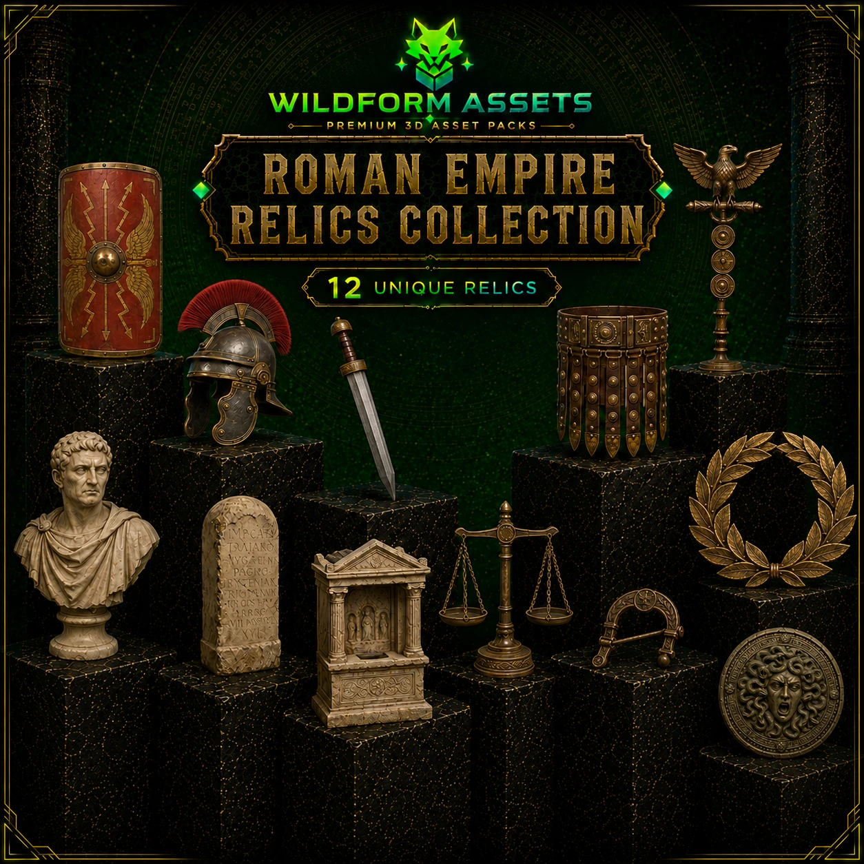 Wildform Assets Roman Empire Relics preview with twelve ancient Roman props