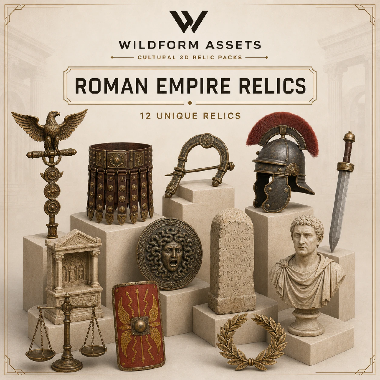 Wildform Assets Roman Empire Relics preview with twelve ancient Roman props