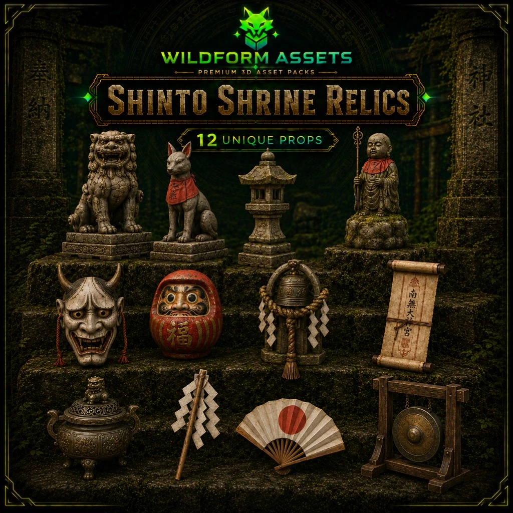 Wildform Assets Shinto Shrine Relics preview with twelve Japanese shrine props