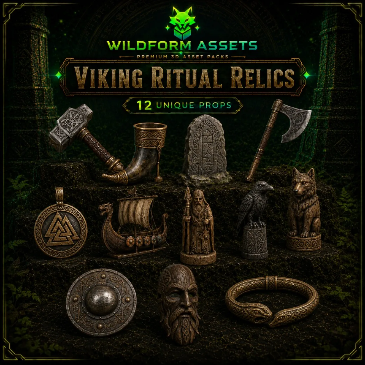 Wildform Assets Viking Ritual Relics preview with twelve Norse ritual props